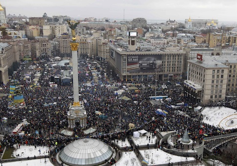 An aerial view shows Maidan Nezalezhnosti or Independence Square crowded by supporters of EU integration during a rally in central Kiev