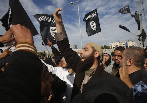Palestinian Salafists shout during a protest against satirical French weekly magazine Charlie Hebdo's cartoons of the Prophet Mohammad, outside the French Cultural Centre in Gaza city January 19