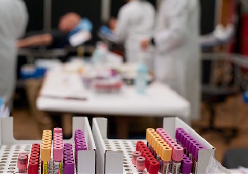 Vials of blood in donation center