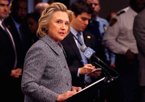 Former U.S. Secretary of State Hillary Clinton speaks during a news conference at the United Nations in New York
