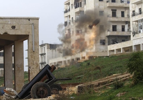 A locally made shell is launched by rebel fighters towards forces loyal to Syria's President Bashar al-Assad at the frontline in al-Breij district of Aleppo