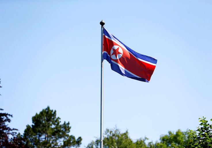 The flag of North Korea is seen in Geneva