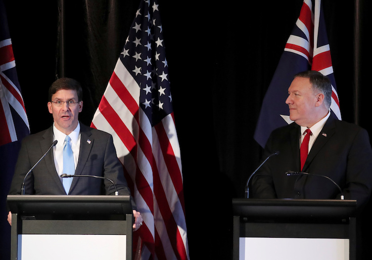 U.S. Secretary of Defence Mark Esper speaks next to U.S. Secretary of State Mike Pompeo