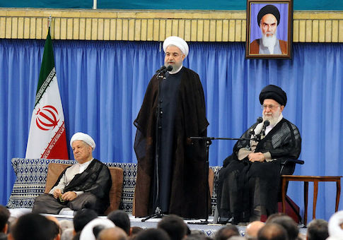 Iran's Supreme Leader Ayatollah Ali Khamenei, Iranian President Hassan Rouhani, and former Iranian president Akbar Hashemi Rafsanjani attend Supreme LeaderÕs meeting with authorities of the country and ambassadors of Islamic countries, in Tehran