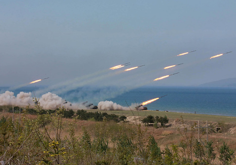 This undated picture released by North Korea's official Korean Central News Agency (KCNA) on April 26, 2017 shows the combined fire demonstration of the services of the Korean People's Army in celebration of its 85th founding anniversary
