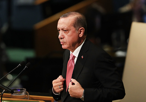 Turkish President Recep Tayyip Erdogan speaks to world leaders at the 72nd United Nations (UN) General Assembly at UN headquarters in New York on September 19, 2017 in New York City. Topics to be discussed at this year's gathering include Iran, North Korea and global warming. / Getty Images