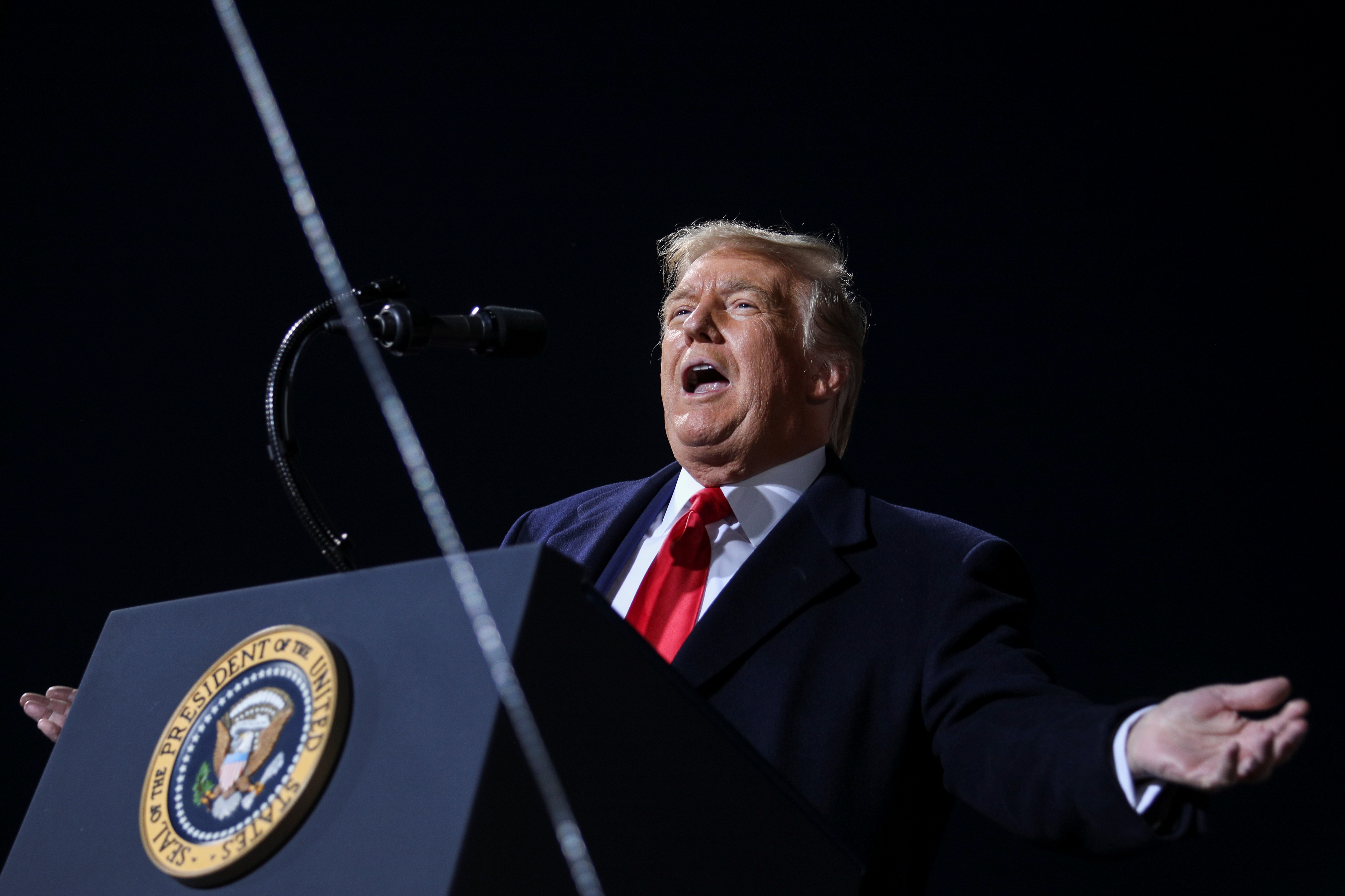 U.S. President Donald Trump campaigns at Toledo Express Airport in Swanton, Ohio