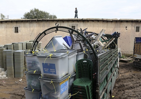 Ballot boxes arrived to the election commission office after votes in Jalalabad east of Kabul, Afghanistan