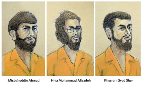 This photo combo of artist's sketches shows, from left to right, Misbahuddin Ahmed, Hiva Mohammad Alizadeh and Khurram Syed Sher, in Ottawa, Ontario, on Sept. 1, 2010