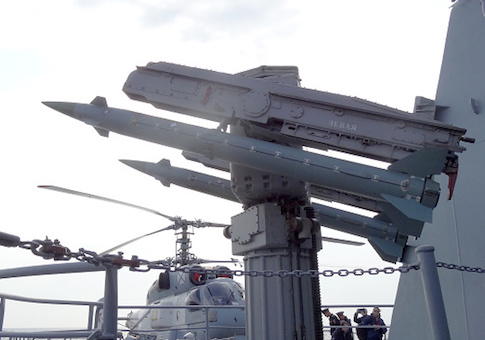 A picture shows an anti-aircraft defence missile system on the Moskva cruiser in the Mediterranean Sea, off the coast of Syria