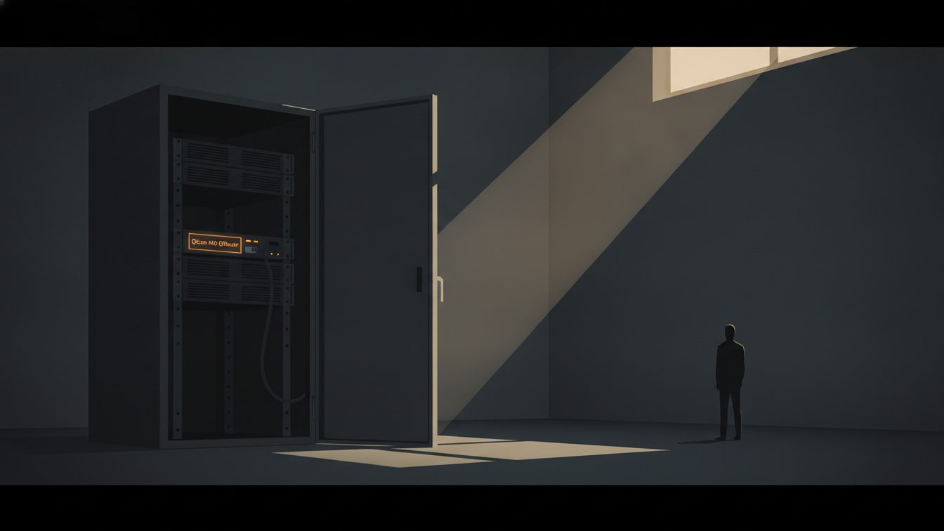 Seized server rack containing the QScan and QTRouter command‑and‑control hardware in an FBI evidence room