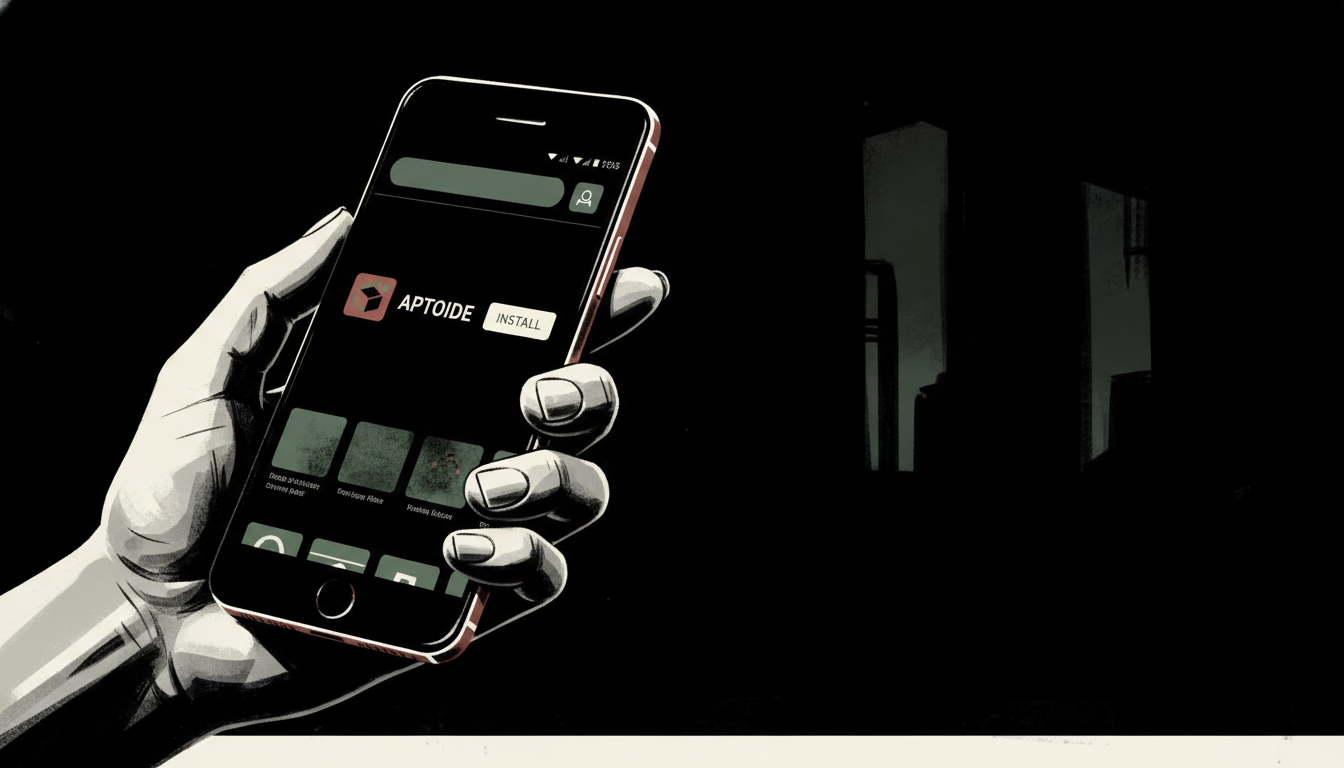 Android smartphone screen displaying the Google Play Store app with a search for a third‑party app store (e.g., Aptoide) and the resulting store listing shown