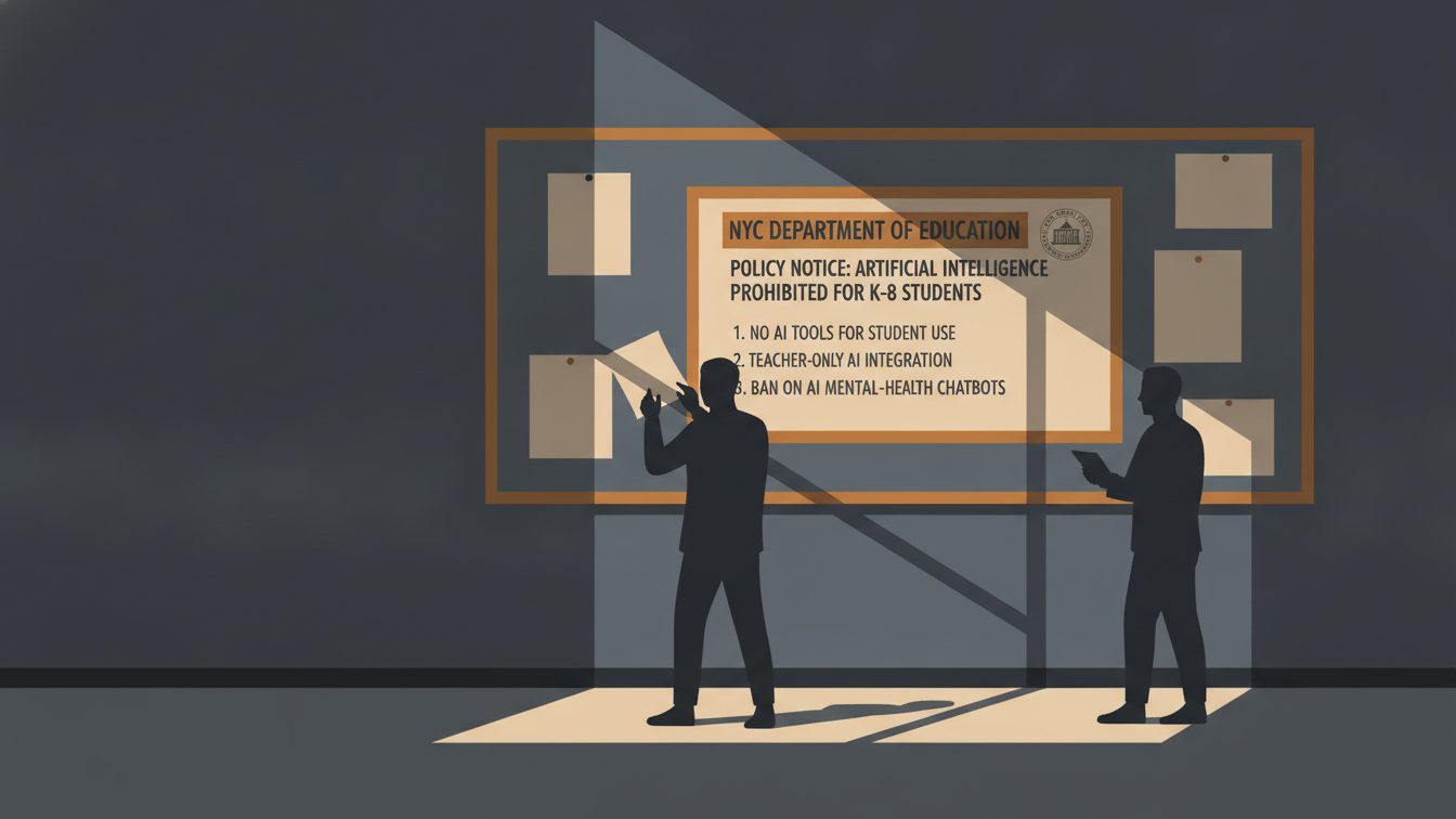 Printed policy notice banning AI for K‑8 students displayed on a school bulletin board