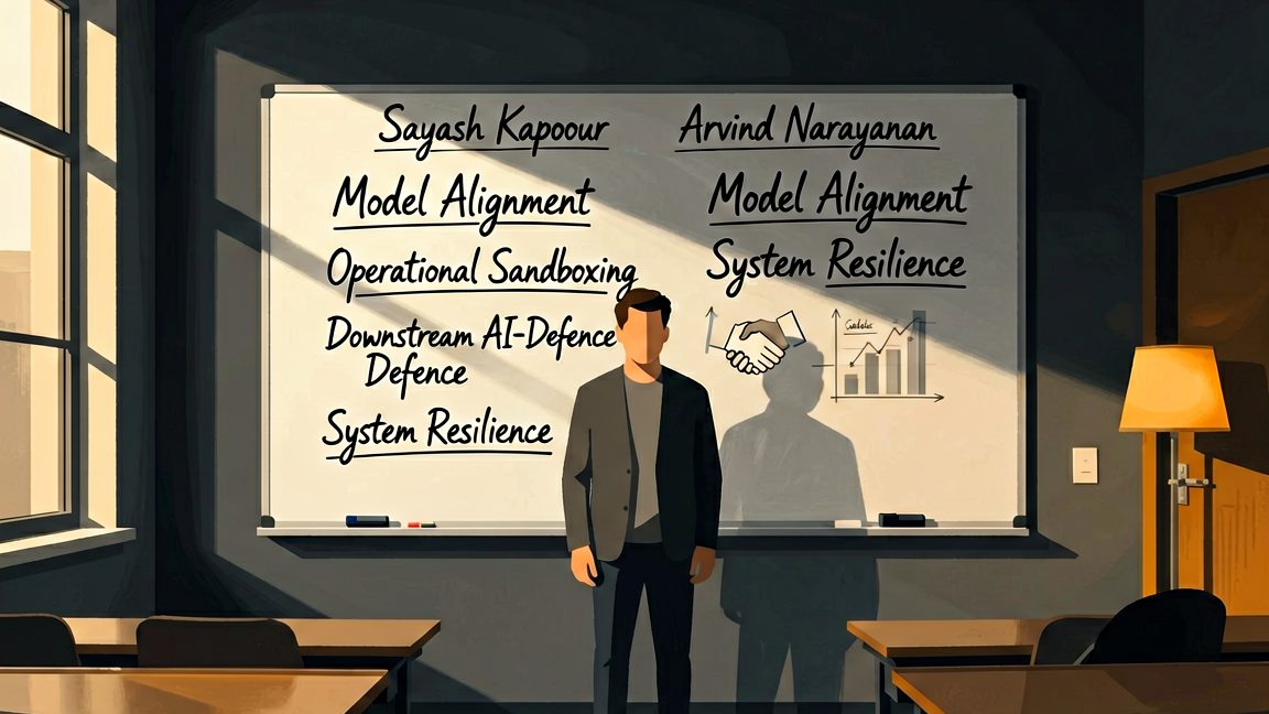 whiteboard displaying the four‑pillar AI safety framework in a Princeton University Computer Science Department seminar room