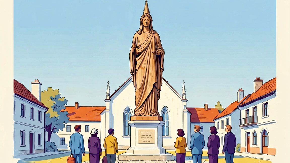 Touristen vor Europas größter Marienstatue im polnischen Dorf Konotopie, hier am 29. Juli 2026