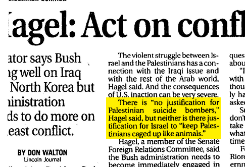 Hagel in 2003: Israel Keeps 'Palestinians Caged Up Like Animals'