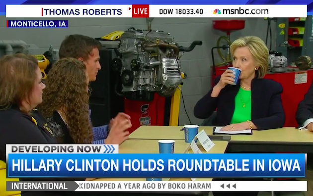Watch Hillary Clinton Nod and Sip Water While Maintaining Eye Contact with an Everyday Iowa Voter