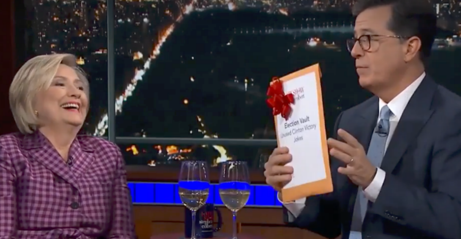Colbert Whips Out a Gift for Hillary That He'd Planned on Using to Celebrate Her Election Victory