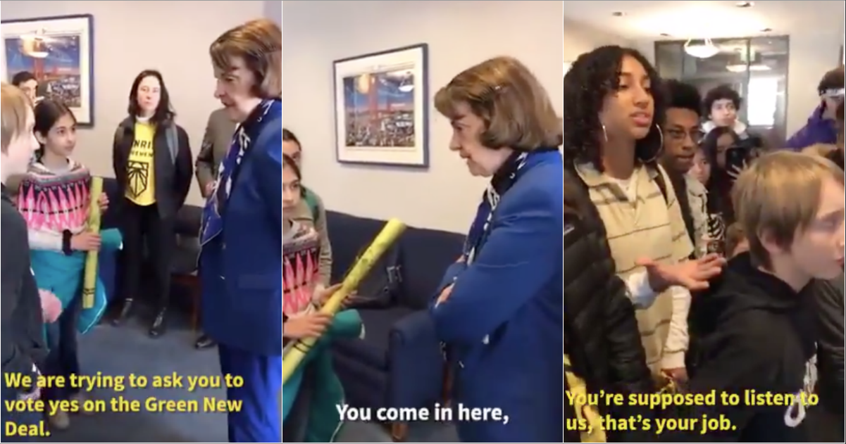 WATCH: Feinstein Rebuffs Crowd of Children Begging Her to Support Green New Deal