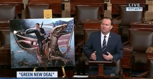 Mike Lee Compares GND's Seriousness to Reagan on a Velociraptor